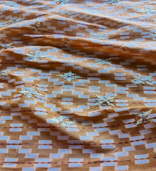 Light Orange Thread And Zardozi Motifs Embroidered  Ikat Cotton Fabric