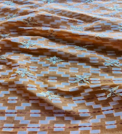 Orange Traditional With Thread And Zardozi Motifs Embroidered Ikat Cotton Fabric (Wholesale)