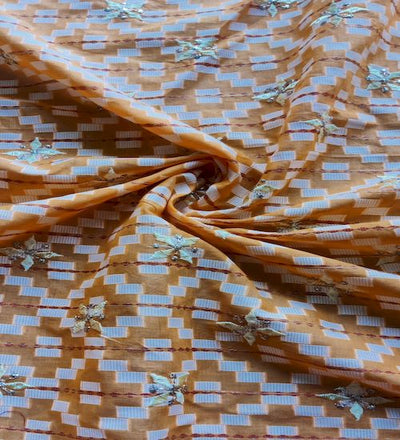 Light Orange Thread And Zardozi Motifs Embroidered  Ikat Cotton Fabric