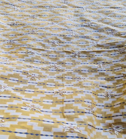 Yellow Traditional With Thread And Zardozi Motifs Embroidered Ikat Cotton Fabric (Wholesale)
