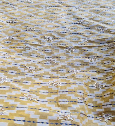 Yellow Traditional With Thread And Zardozi Motifs Embroidered Ikat Cotton Fabric (Wholesale)