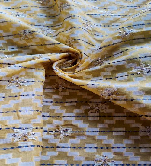 Yellow Traditional With Thread And Zardozi Motifs Embroidered Ikat Cotton Fabric (Wholesale)