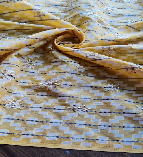 Yellow Thread And Zardozi Motifs Embroidered  Ikat Cotton Fabric