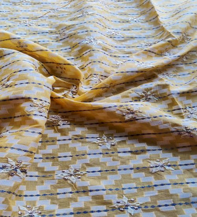 Yellow Thread And Zardozi Motifs Embroidered  Ikat Cotton Fabric