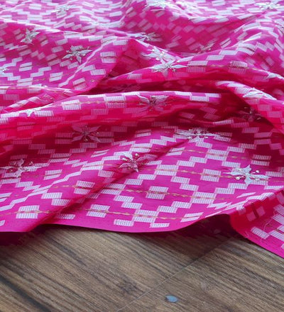 Pink Thread And Zardozi Motifs Embroidered Ikat Cotton  Fabric