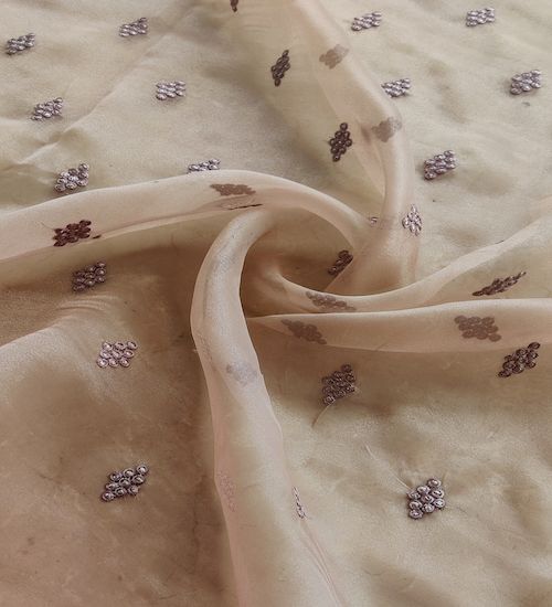 Light Brown Motifs Embroidered Zardozi Organza Fabric (Wholesale)