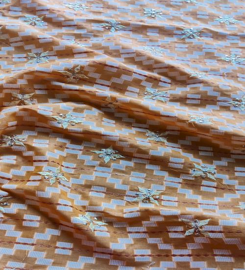 Light Orange Thread And Zardozi Motifs Embroidered  Ikat Cotton Fabric