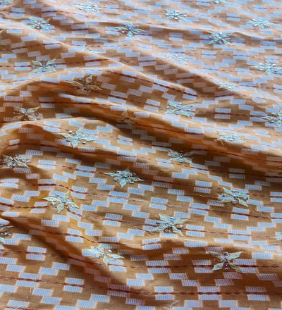 Light Orange Thread And Zardozi Motifs Embroidered  Ikat Cotton Fabric