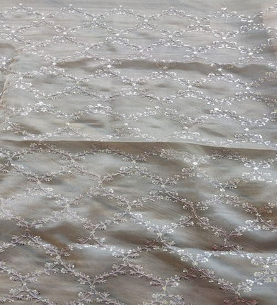 Light Brown Traditional Thread And Sequins Organza Fabric (Wholesale)