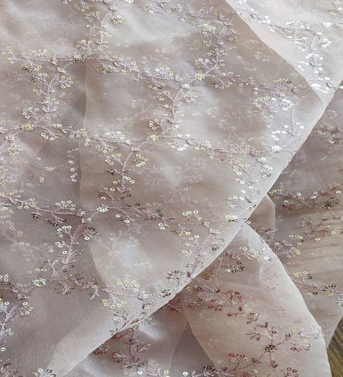 Light Brown Traditional Thread And Sequins Organza Fabric (Wholesale)
