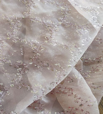 Light Brown Traditional Thread And Sequins Organza Fabric (Wholesale)