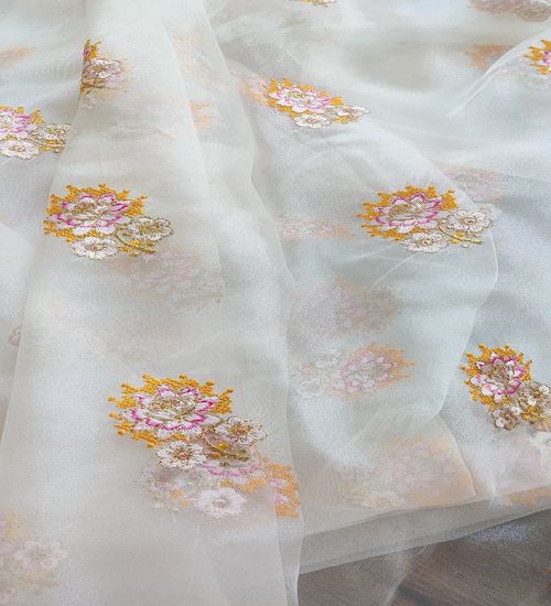 Multicoloured Floral Thread And Zari Embroidered White Organza Fabric (Wholesale)
