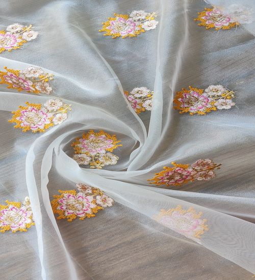 Multicoloured Floral Thread And Zari Embroidered White Organza Fabric (Wholesale)
