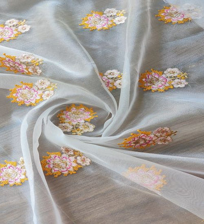 Multicoloured Floral Thread And Zari Embroidered White Organza Fabric (Wholesale)