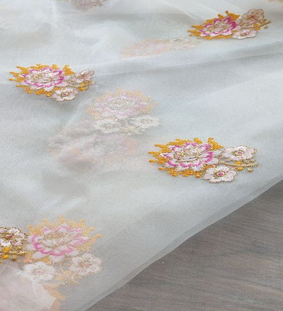 Multicoloured Floral Thread And Zari Embroidered White Organza Fabric (Wholesale)