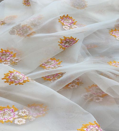 Multicoloured Floral Thread And Zari Embroidered White Organza Fabric (Wholesale)