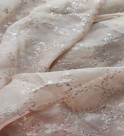 Light Brown Traditional Thread And Sequins Organza Fabric (Wholesale)