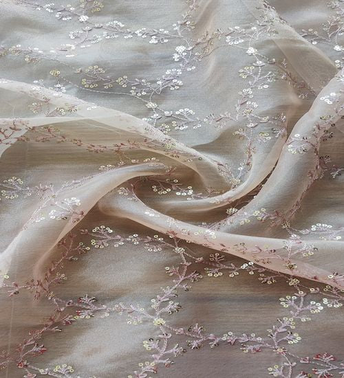 Light Brown Traditional Thread And Sequins Organza Fabric (Wholesale)