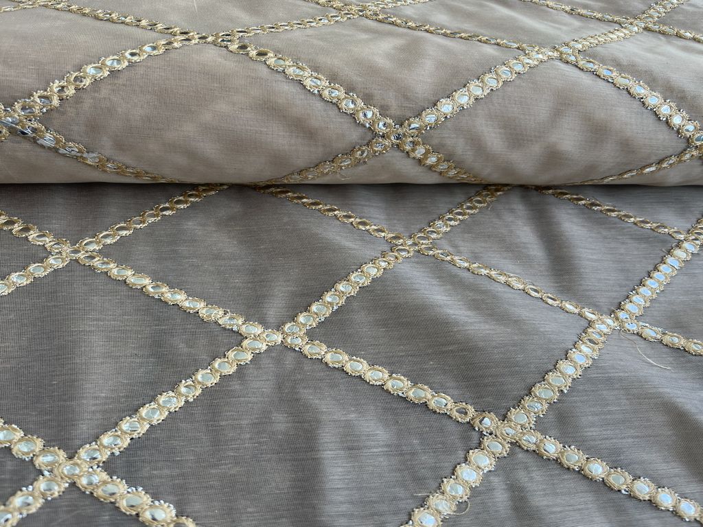 Beige Geometric Silver Faux Mirror Work Embroidered Chanderi Fabric (Wholesale)