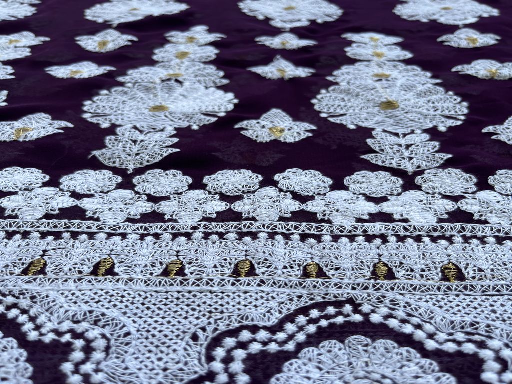 Purple & White Traditional Lakhnawi Embroidered Georgette Fabric (Wholesale)