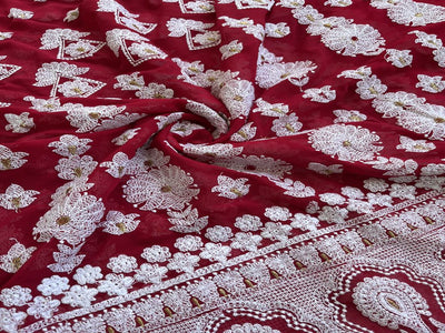 Magenta & White Traditional Lakhnawi Embroidered Georgette Fabric (Wholesale)