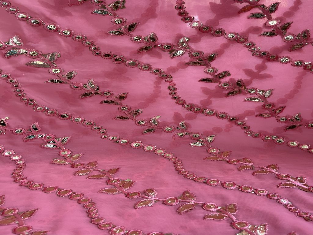 Precuts of Pink Faux Mirror Work machine Embroidered Georgette Fabric