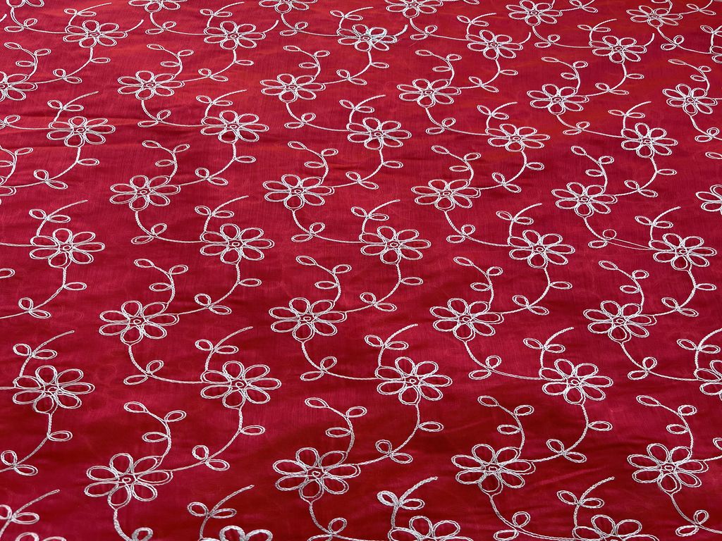 Bright Pink & White Floral Dori Jaal Embroidered Chanderi Fabric (Wholesale)