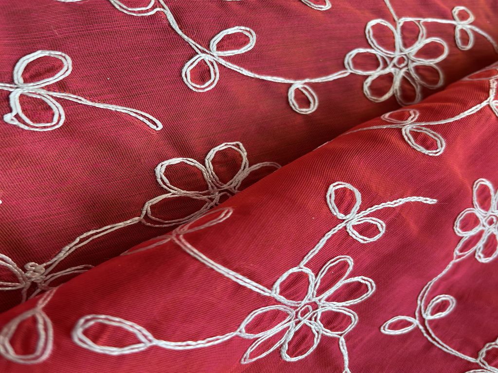 Bright Pink & White Floral Dori Jaal Embroidered Chanderi Fabric (Wholesale)