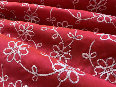 Bright Pink & White Floral Dori Jaal Embroidered Chanderi Fabric (Wholesale)