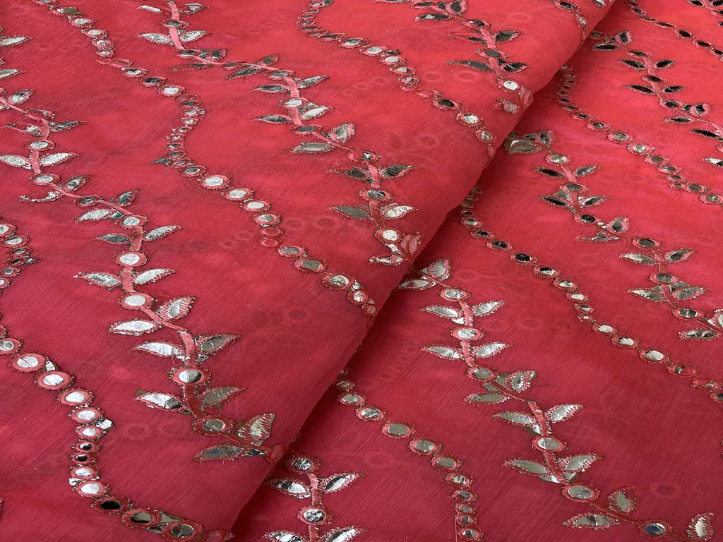 Bright Pink Stripes Faux Mirror Embroidered Chanderi Fabric (Wholesale)