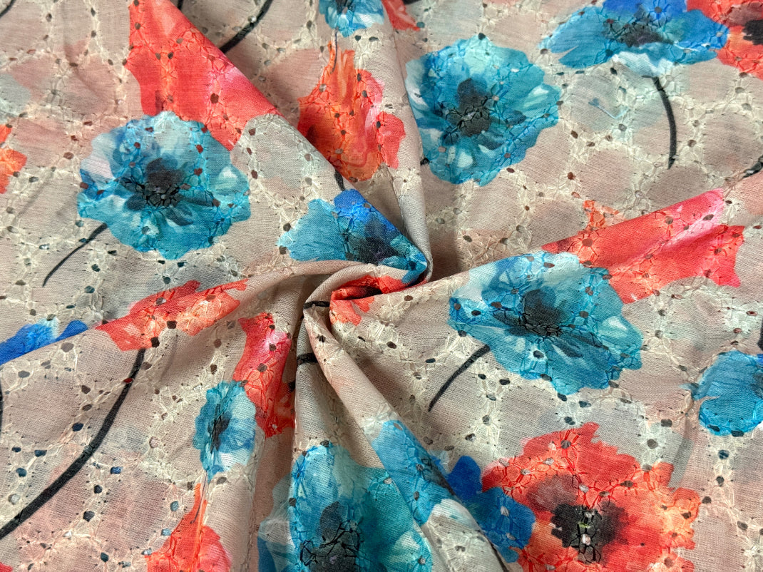 Multicolor Floral Print With Embroidered Hakoba Cotton Fabric