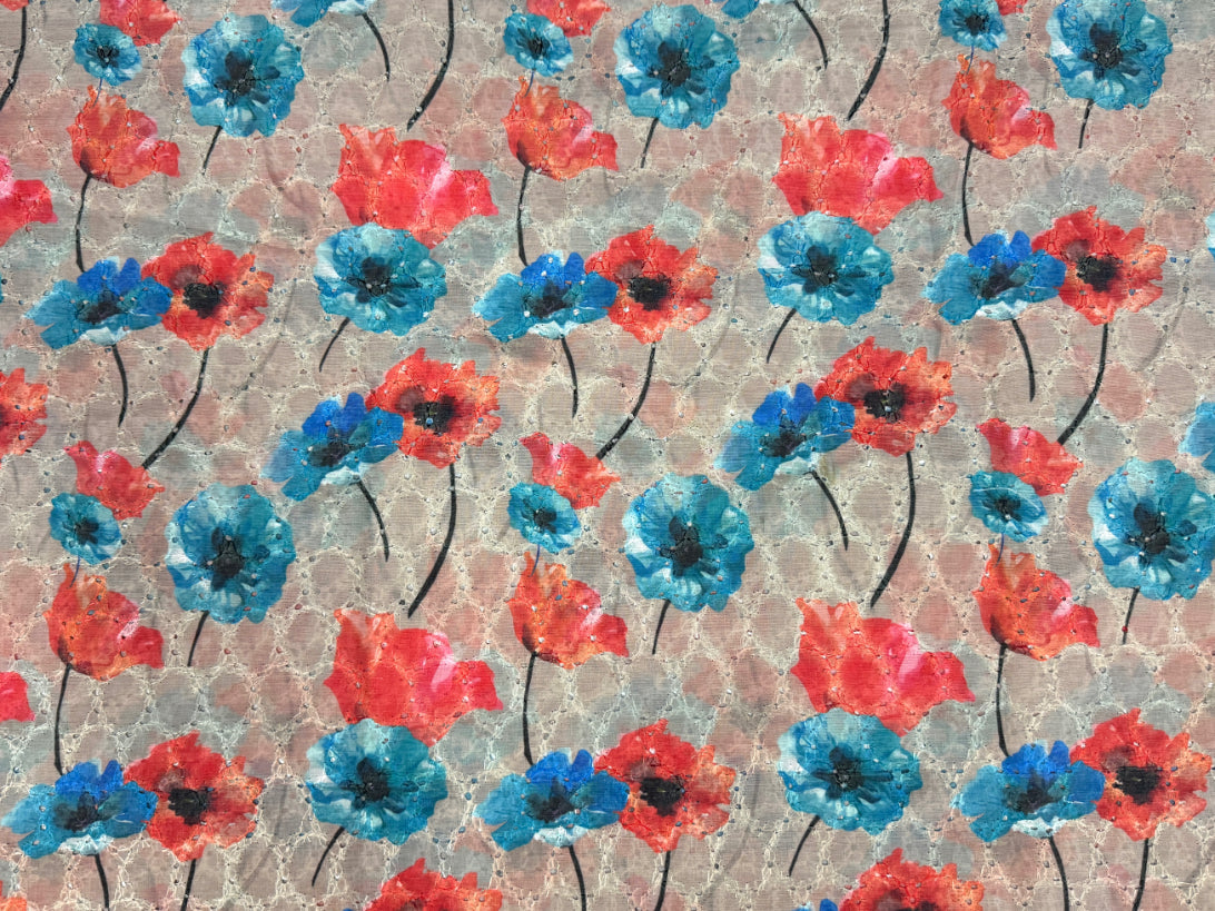 Multicolor Floral Print With Embroidered Hakoba Cotton Fabric