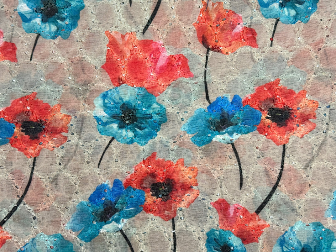 Multicolor Floral Print With Embroidered Hakoba Cotton Fabric
