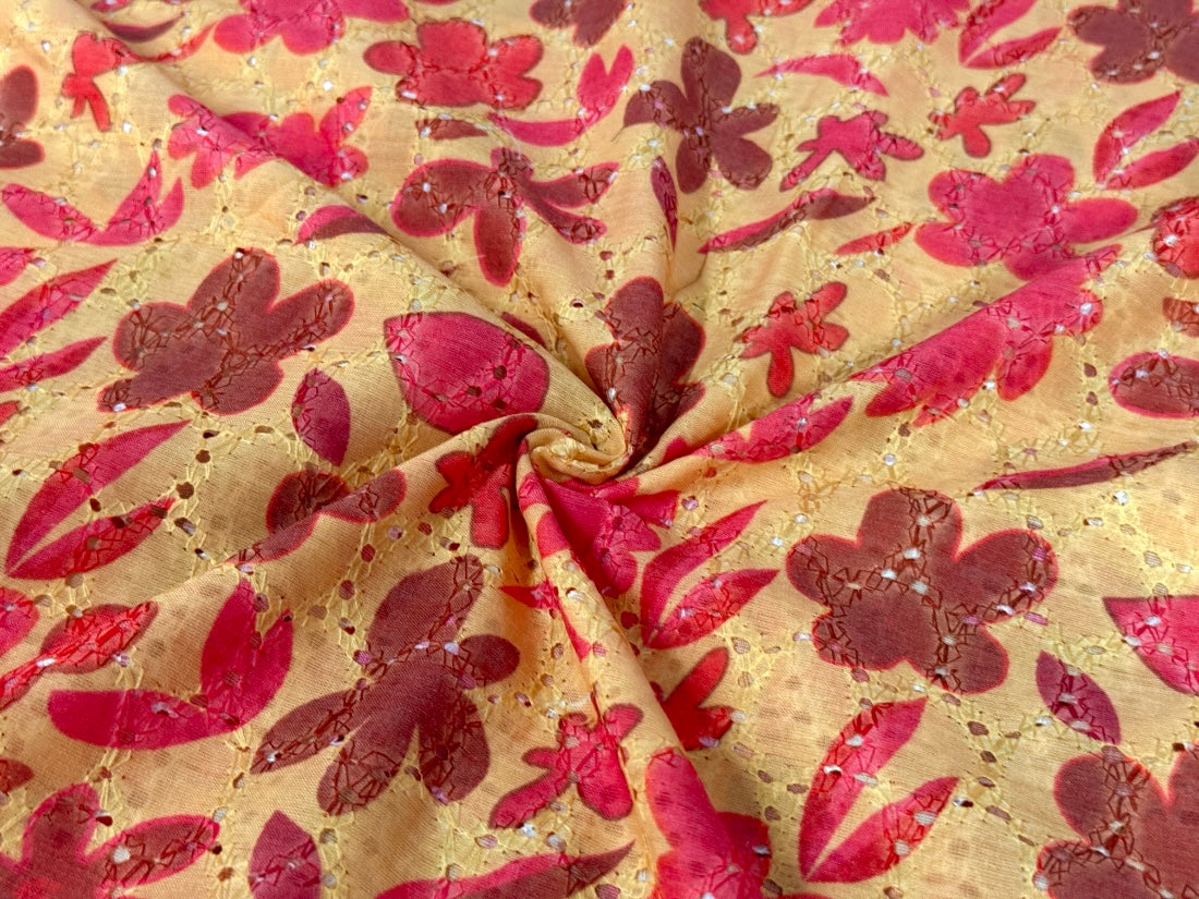 Orange Yellow Floral Print With Embroidered Hakoba Cotton Fabric