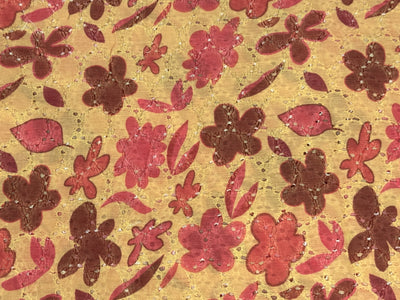Orange Yellow Floral Print With Embroidered Hakoba Cotton Fabric