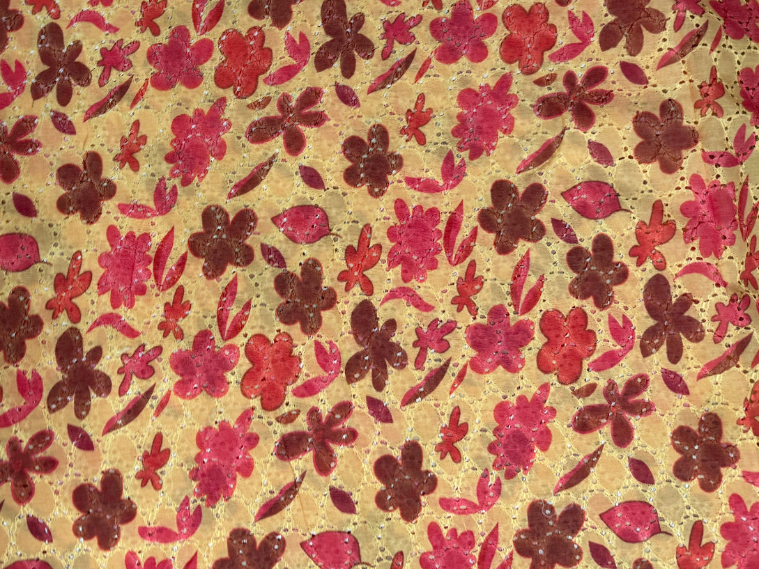 Orange Yellow Floral Print With Embroidered Hakoba Cotton Fabric