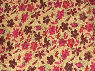 Orange Yellow Floral Print With Embroidered Hakoba Cotton Fabric