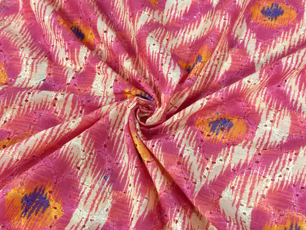 Pink Ikat Diamond Print With Embroidered Hakoba Cotton Fabric