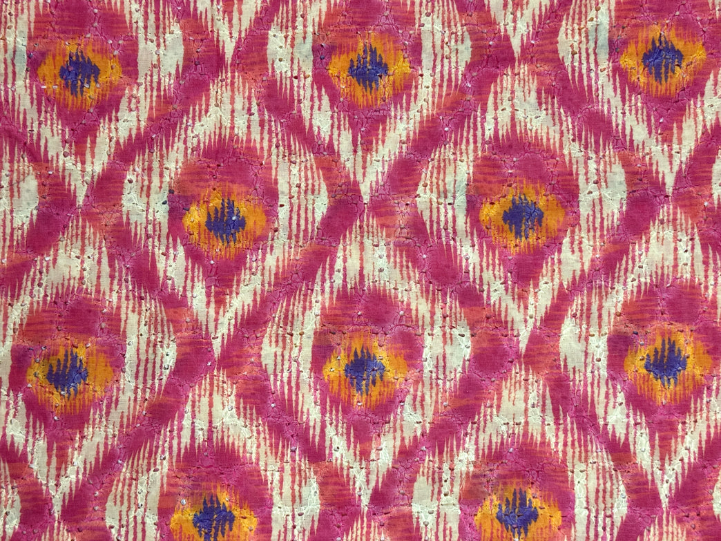 Pink Ikat Diamond Print With Embroidered Hakoba Cotton Fabric