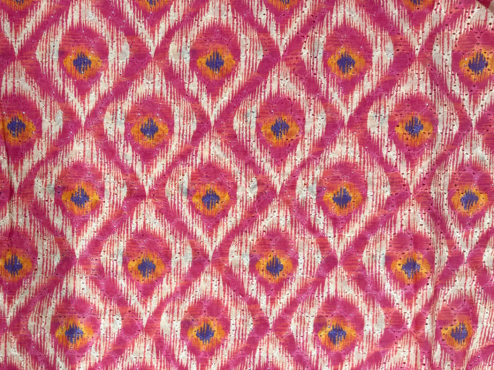 Pink Ikat Diamond Print With Embroidered Hakoba Cotton Fabric