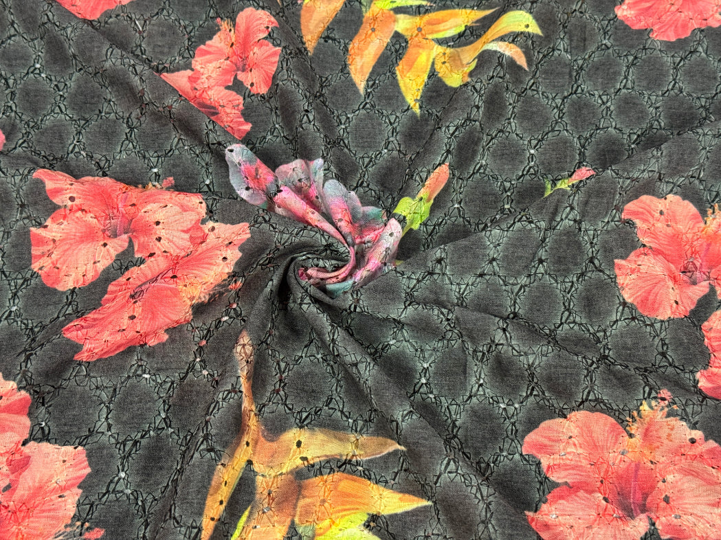 Black Floral Print With Embroidered Hakoba Cotton Fabric