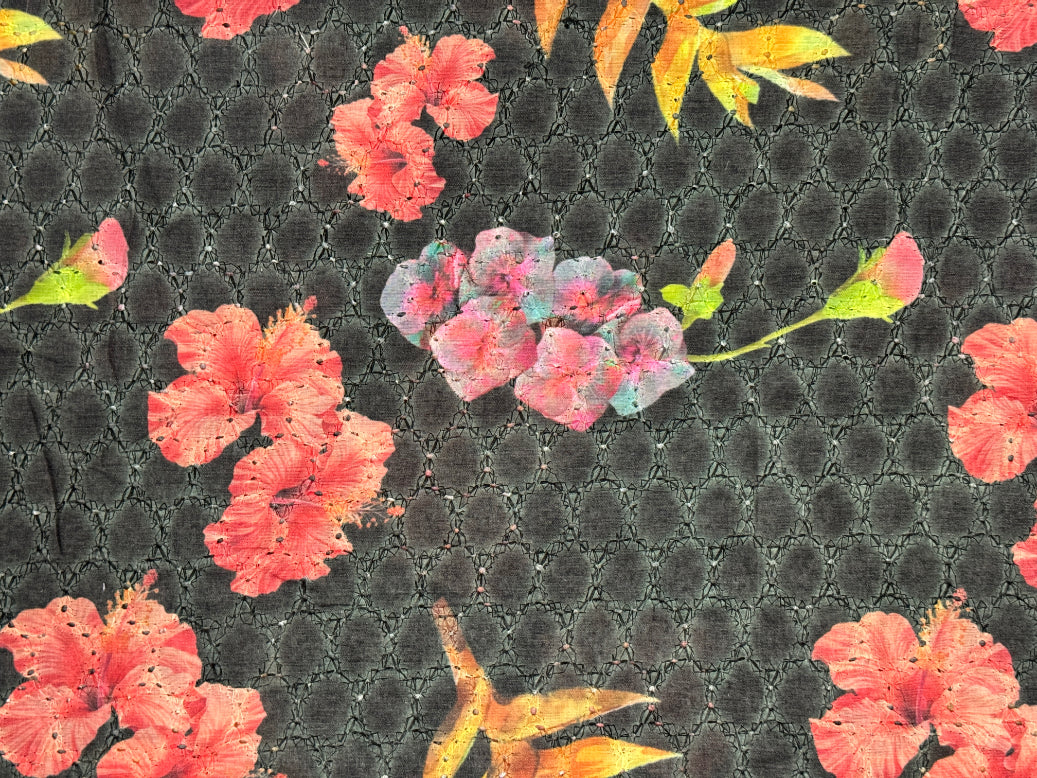 Black Floral Print With Embroidered Hakoba Cotton Fabric