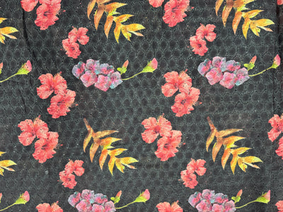 Black Floral Print With Embroidered Hakoba Cotton Fabric