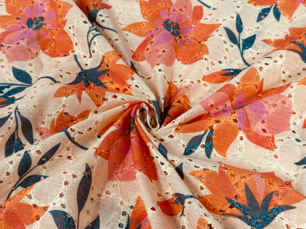 Orange Floral Print With Embroidered Hakoba Cotton Fabric