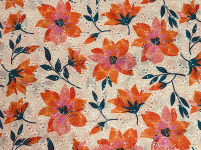 Orange Floral Print With Embroidered Hakoba Cotton Fabric