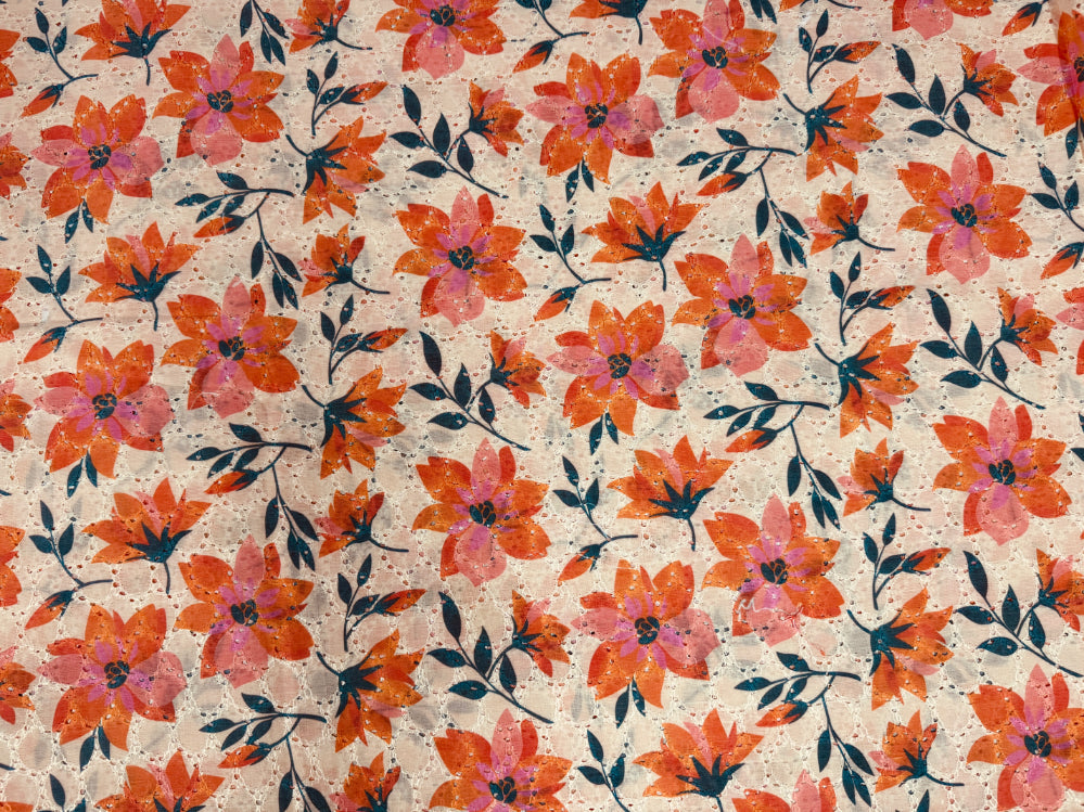 Orange Floral Print With Embroidered Hakoba Cotton Fabric