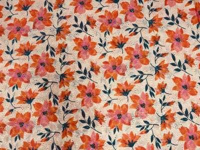 Orange Floral Print With Embroidered Hakoba Cotton Fabric