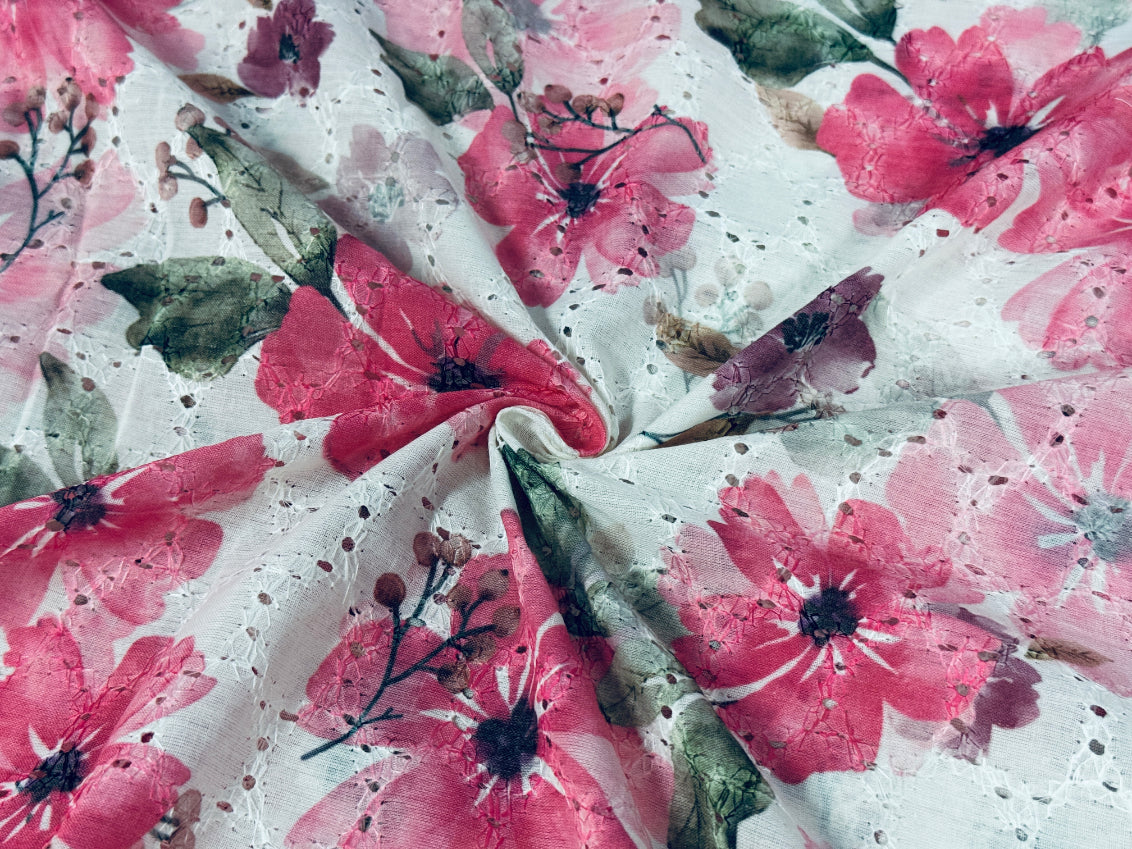 Pink Floral Print With Embroidered Hakoba Cotton Fabric