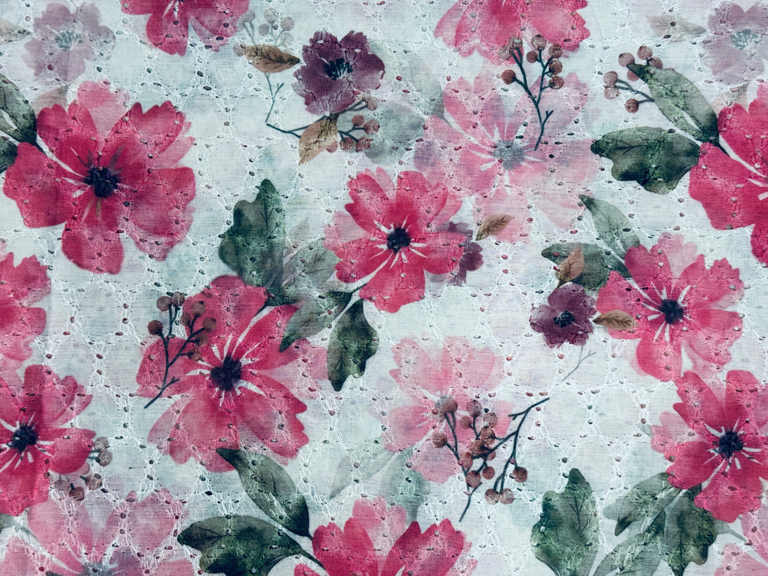 Pink Floral Print With Embroidered Hakoba Cotton Fabric