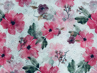 Pink Floral Print With Embroidered Hakoba Cotton Fabric